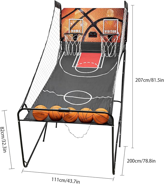 Dual Hoop Basketball Arcade Game, 8 Game Modes Foldable Shot 2Player w/ 5 Balls, Inflation Pump and LED Scoring System, Indoor Basketball for All Players, Home, Playground, Shopping Malls