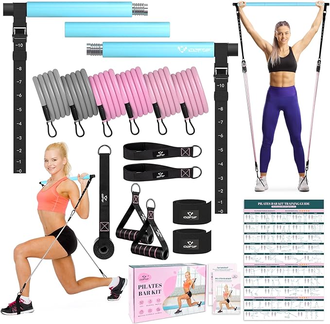 Pilates Bar Kit with Resistance Bands, Multifunctional Yoga Pilates Bar with Heavy-Duty Metal Adjustment Buckle, Portable Home Gym Pilates Resistance Bar Kit for Women Full Body Workouts