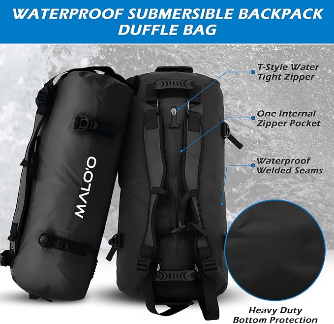 Malo'o Airtight Waterproof Adventure Duffle - Ideal for Kayaking, Camping, Beach, Fishing, Boating, Hiking - Water-Tight Zipper