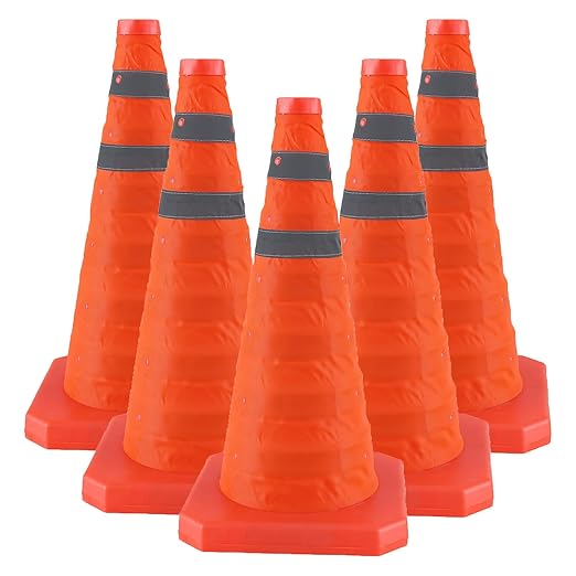 18 Inch 5 Pack Collapsible Traffic Safety Cones, Orange Cones with Reflective Collar, Portable Multipurpose Traffic Cones for Parking Construction Driving Training Sports Practice