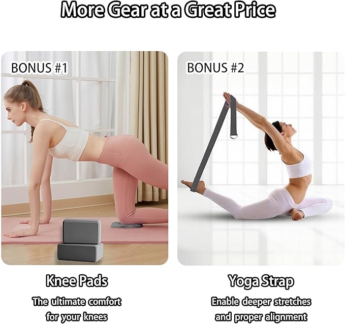 2 Yoga Blocks Supportive Accessories including 2 Knee Pads, 2 With Strap To Put Less Weight On Wrists, 1 Muscle Massage Roller, 2 Pair of Non-Slip Pilates Socks, 1 GYM Bag, Durable Versatile Yoga Brick Exercise Set of 10