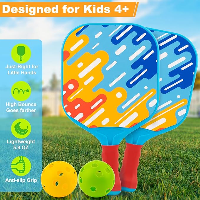 Kids Pickleball Paddles Set of 2 – Lightweight, Durable, Ergonomic Grip for Small Hands, Toddler Outdoor Toys Backyard Games for Kids Ages 4 5 6 7 8 Year Old Boy Girl Birthday Gift, Beginner Ball Game