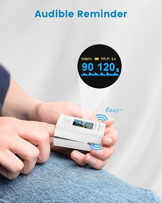 Wellue Pulse Oximeter Fingertip, Blood Oxygen Saturation Monitor with Built-in Memory, Beep reminder, OLED screen, Batteries and Lanyard