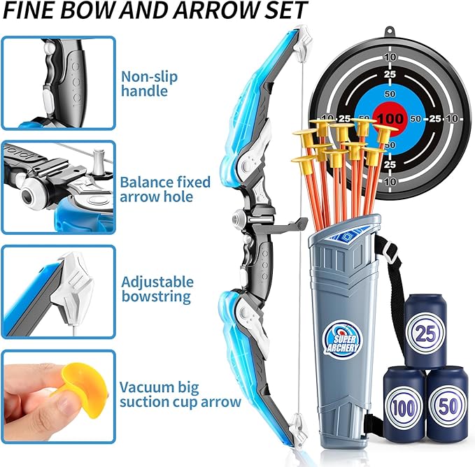 Bow and Arrow Set for Kids - LED Light Up Archery Set - Includes 10 Suction Cup Arrows, 4 Target & Shoulder-Strapped Quiver, Outdoor Toys Archery Boys Toys Gifts for 3-12 Years Old Boys Girls