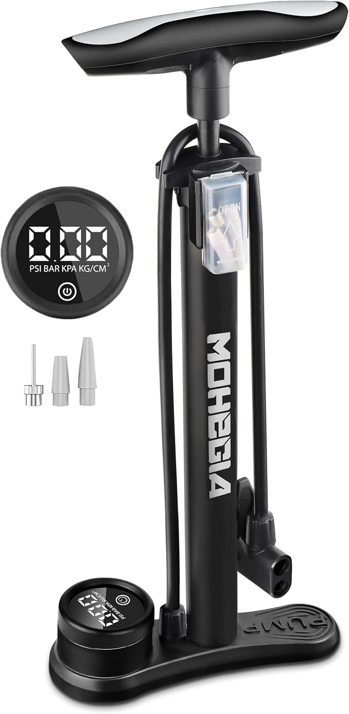 MOHEGIA Bike Floor Pump with Gauge: Air Bicycle Pump with High Pressure 160 PSI,Fits Schrader and Presta Valve -Inflator with Ball Pump Needles for MTB Road Bike, Ball, Balloon, Inflatables