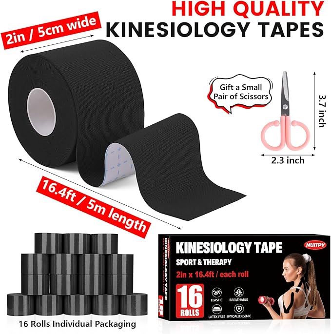 16 Rolls Kinesiology Tape, 2 inch x 16.4 Feet Waterproof Athletic Tape, Uncut Kinetic Tape, Elastic Muscle Tape, Sports Tape, Knee Tape for Exercise and Daily Use - Black