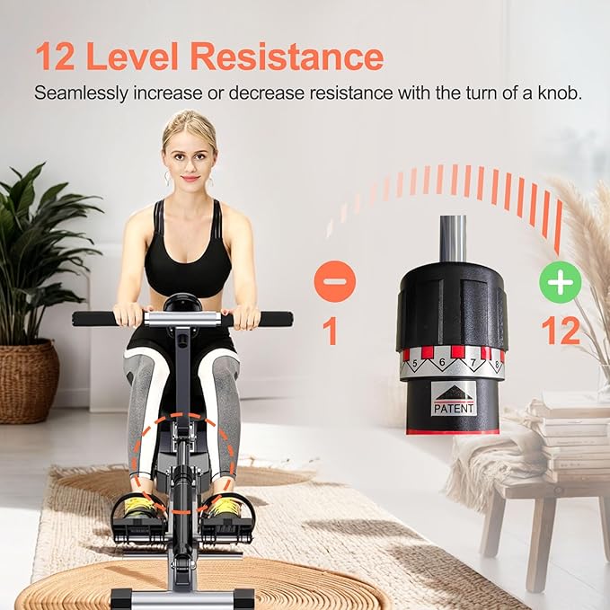 Rowing Machine, Compact Adjustable Rowing Machine 12 Levels of Complete Body Workout Resistance for Home, Low-Impact