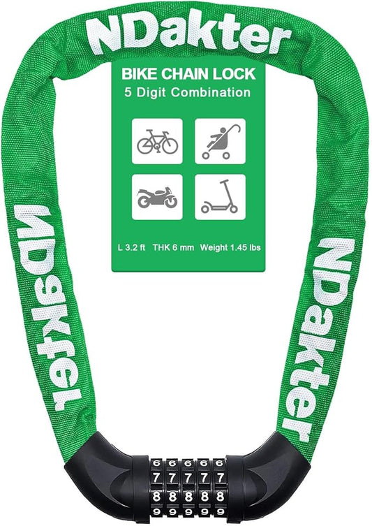 NDakter Bike Chain Lock, 5 Digit Combination Heavy Duty Anti Theft Bicycle Chain Lock,2.62/3.2/4.27/5/6Ft Long Security Resettable Bike Locks for Bike, Bicycle, Scooter, Door, Gate, Fence-4/6mm Thick