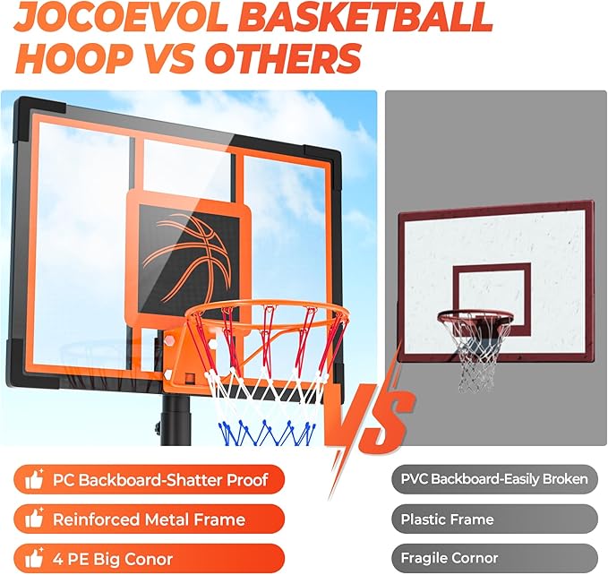 Basketball Hoop Outdoor Basketball Goal Portable Adjustable for Adults, Youth in Backyard, Driveway, Indoor, 44 Inch Pc Shatterproof Backboard, 2 Sand Bags and Portable Wheels