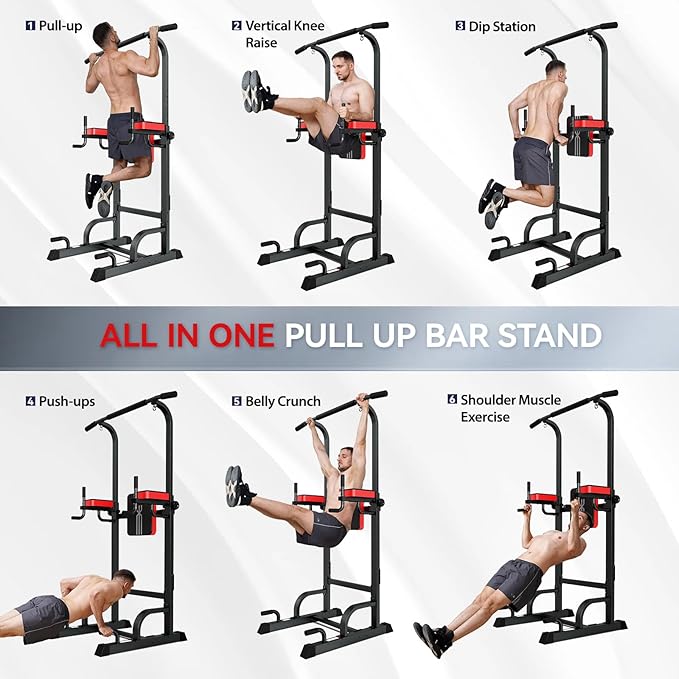 Pooboo Power Tower Dip Station Pull Up Bar for Fitness Home Gym Workout,Multi-Function Adjustable Height Fitness Strength Training Exercise Equipment,with Power Elastic Ropes