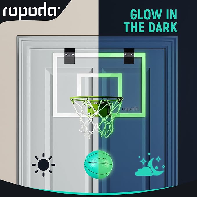 ropoda Mini Basketball Hoop - Glow in The Dark, Over The Door Basketball Hoop Indoor, Indoor Basketball Hoop Backboards for Teens and Adults, Mini Hoop for Kids with 4 Balls and Pump