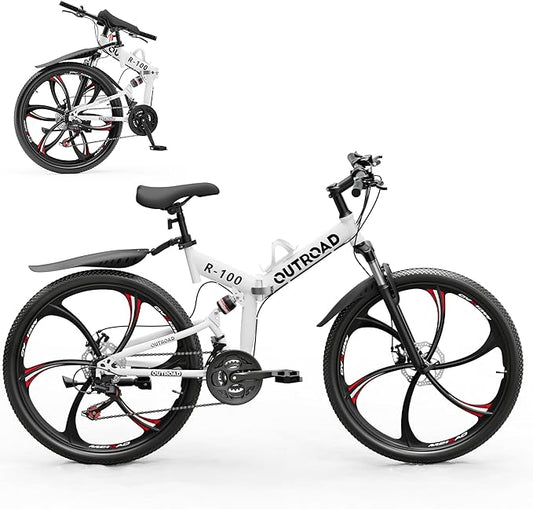 Outroad 26 Inch Folding Mountain Bike, 21 Speed Full Suspension High-Carbon Steel MTB Foldable Bicycle, Dual Disc Brake Non-Slip Folding Bikes for Adults/Men/Women, Black, Orange and Green