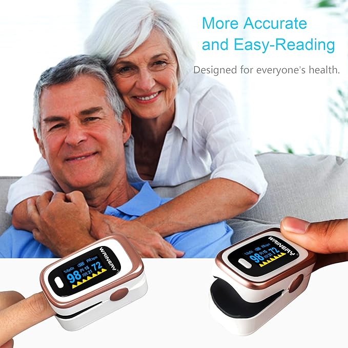 WRINERY Oxygen Saturation Monitor, Pulse Oximeter Fingertip, Oxygen Monitor, O2 Saturation Monitor, OLED Portable Oximetry with Batteries, Lanyard (Rose gold-White)
