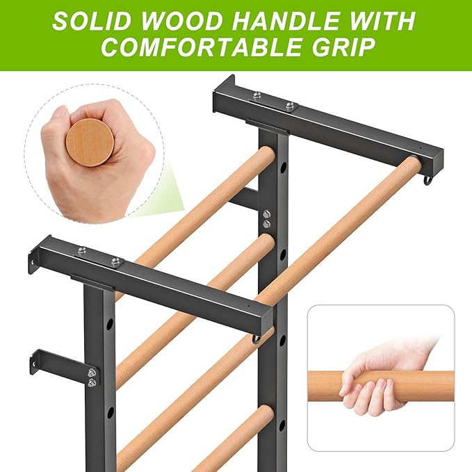 Wood Stall Bar, 2"x2" Swedish Ladder with 1" Hole, 11 Strategic Rods, Wall Mounted Suspension Trainer for Home, Gym, School and Clinic