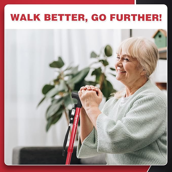 BigAlex Folding Walking Cane with LED Light,Pivoting Quad Base,Adjustable Walking Stick with Carrying Bag for Men/Women(5'5''-6'3'' Red)