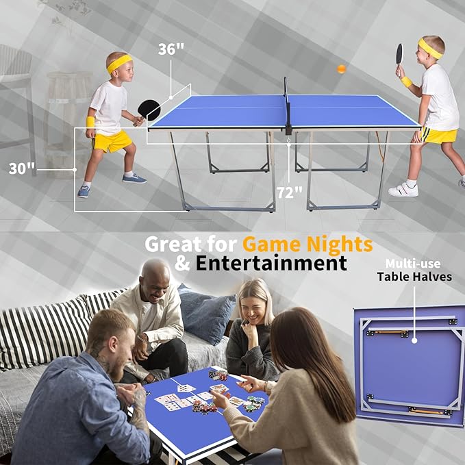 Compact Ping Pong Table, 6ft Mid-Size Indoor/Outdoor Table Tennis Game Set, Foldable, Portable Table Tennis Table with Net, 2 Table Tennis Paddles and 3 Balls