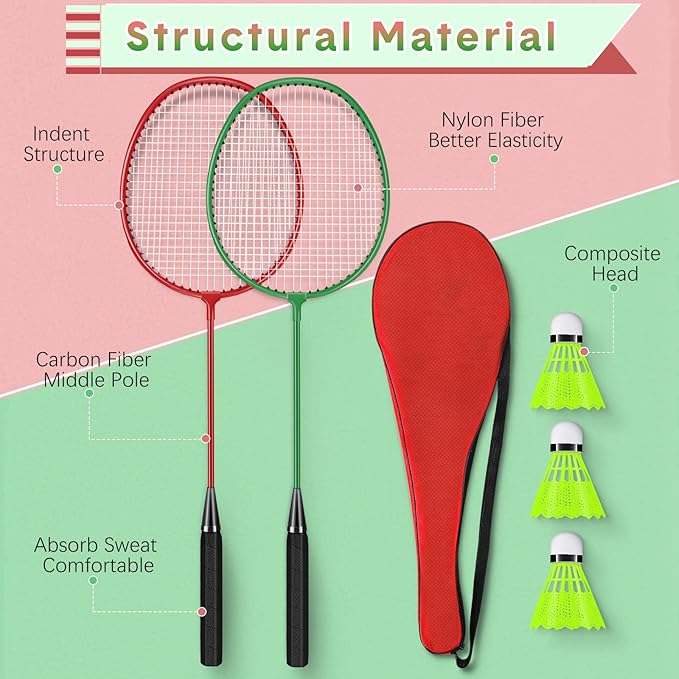12 Pack Badminton Rackets Set Including Rackets, Nylon Shuttlecocks and Carry Bag for Outdoor Backyard Games Beginners