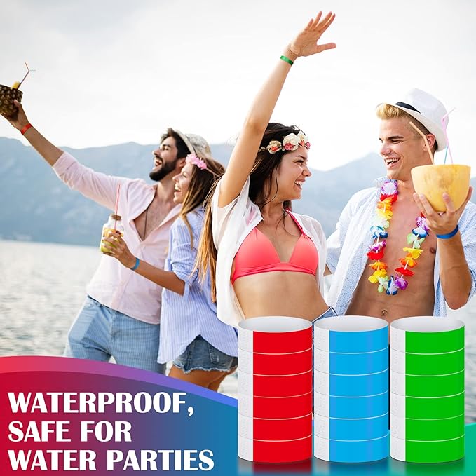 Tudomro 2400 Pack Neon Paper Wristbands Bulk - Waterproof, Lightweight, Adhesive - Concert, Events, Party for Hand Wrist Arm Identification(Red, Green, Blue)