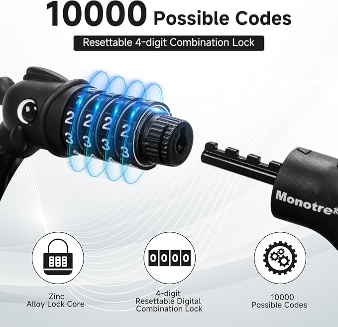 Bike Lock, 3.9 Feet 4-Digit Resettable Combination Password Anti-Theft Cable Lock, Cute Coiled Bike Locks with Mounting Bracket, Suitable for Bicycles, Electric Scooters, Ebikes (Black-10mm)