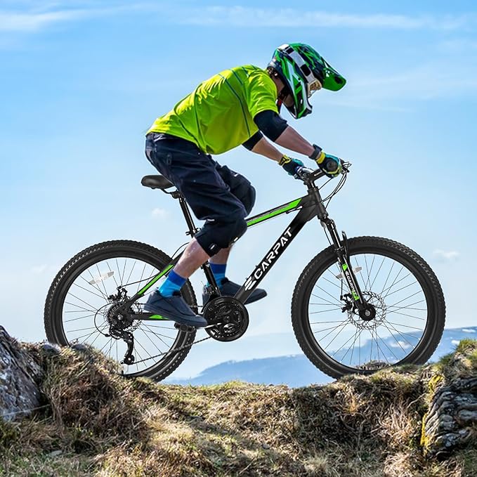 24/26 Inch Mountain Bike, 21 Speed Mountain Bicycle with High Carbon Steel Frame, Dual Disc Brakes and Front Suspension, MTB Bike for Adult Teenagers Boys Girls