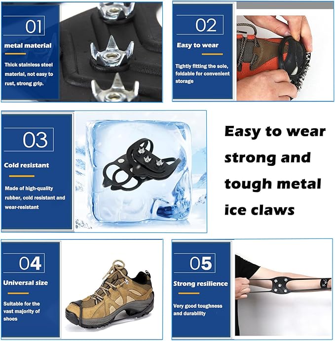 2 Pairs Ice Cleats for Shoes and Boots,Universal 8 Steel Studs Crampon Ice & Snow Grippers for Winter Hiking Climbing Ice Fishing,Anti-Slip