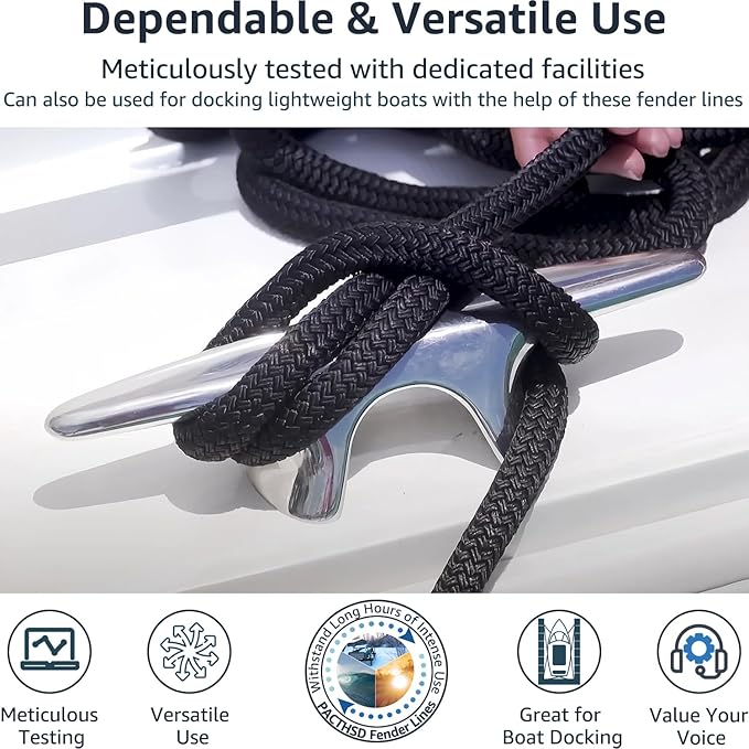 2 Pack 5/8" x 10' Boat Fender Lines - Marine Grade Nylon Boat Rope with 12" Loop for Docking and Tying Fenders - Double Braided Dock Lines, High Strength, Easy Handling, Fray Resistant - Black