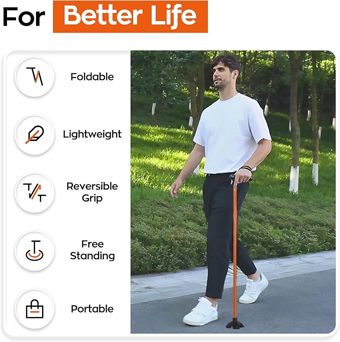 Walking Cane for Men and Women, Extended Grip; Solid Base; Foldable; Adjustable Heights; Lightweight; Free Standing; Portable Canes for Seniors (Orange)
