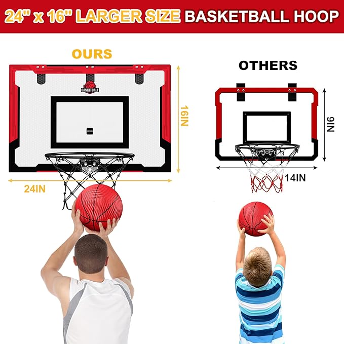 24" x 16" Large Basketball Hoop Indoor for Adults, Over The Door Basketball Hoop with Sturdy Backboard, Big Basketball Toys Gifts Ideas for Man Kids Teens Boys Girls, Red