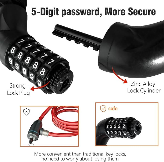 Bike Chain Lock 5 Digit Combination, Heavy Duty 4ft Resettable Anti-Theft Bicycle Chain Lock with Protective Sleeve & Dust Cover for Adult Bikes, E-Bikes, Scooters, Motorcycle, Gates & Fences
