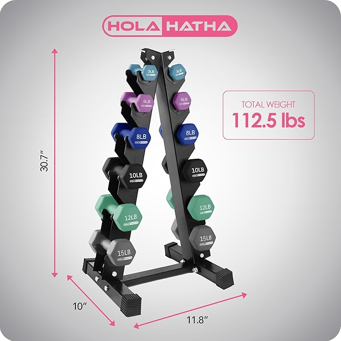 HolaHatha 2, 3, 5, 8, and 10 Pound Neoprene Dumbbell Free Hand Weight Set with Rack, Ideal for Home Exercises to Gain Tone and Definition, Pastel