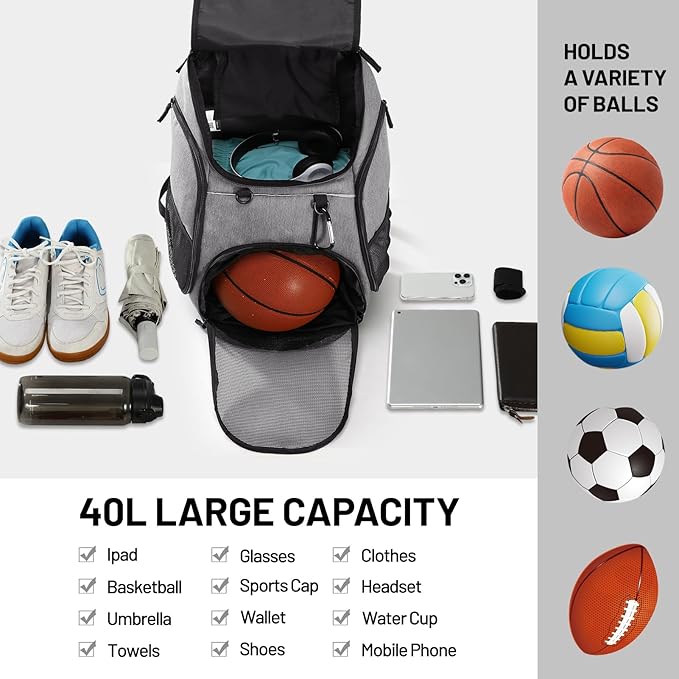 MIER Gym Backpack 40L Basketball Backpack with Ball Compartment & Shoes Storage Multi-Functional Sports Soccer Bag Large Equipment Back Pack Volleyball Backpacks for Men Women