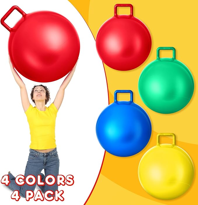 Lewtemi 4 Pcs 31 Inch Hopper Ball Carnival Outdoor Games Jumping Hopping Inflatable Bouncing Ball with Handle and Air Pump for Kids Adult Sport Exercise