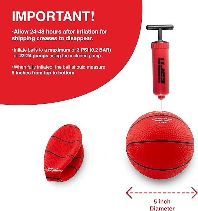 ESPN 5' Mini Basketball Set - 4 Pack (2 White, 2 Red) with Pump - Ideal for Family Games & Skill Practice