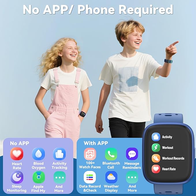 Fitness Tracker for Kids No APP No Phone Needed, Compatible with Apple Find My, 1.83" Smart Watch, Heart Rate, Sleep Monitor, IP68 Waterproof, Step Counter, Puzzle Games for Girls Boys Teens 5-16