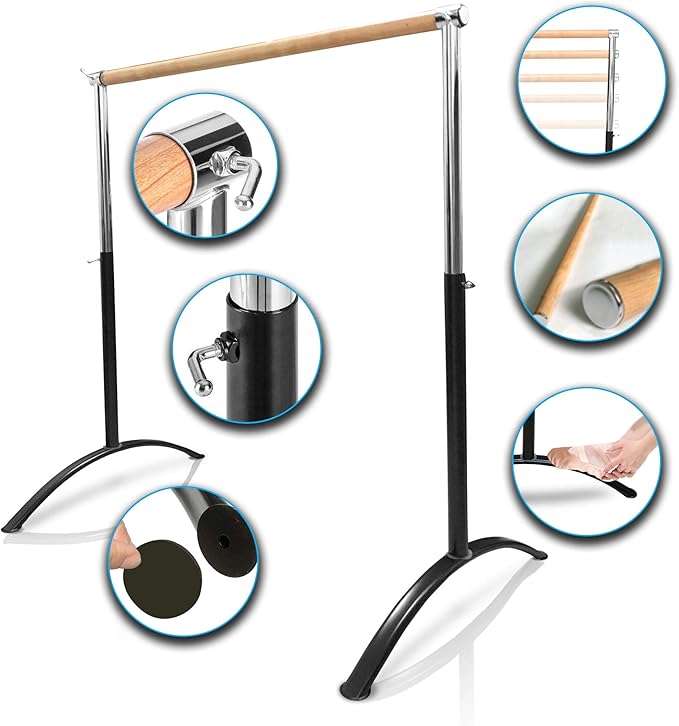 Ballet Barre Portable for Home or Studio, Height Adjustable Bar for Stretch, Pilates, Dance or Active Workouts, Single or Double Bar, Kids and Adults