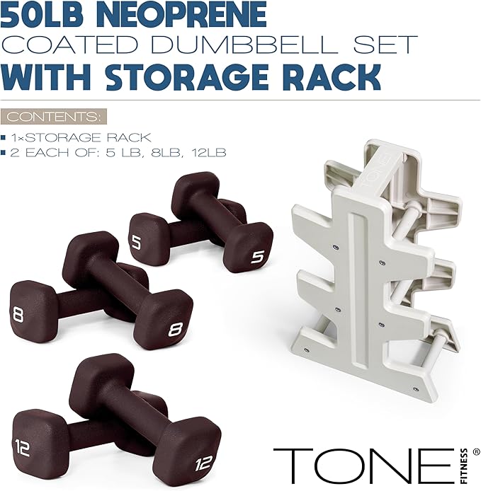 Tone Fitness Neoprene Dumbbell Set with Storage Rack – Non-Slip, Anti-Roll Hand Weights for Home Gym Workouts | 20 lb, 32 lb, & 50 lb Options