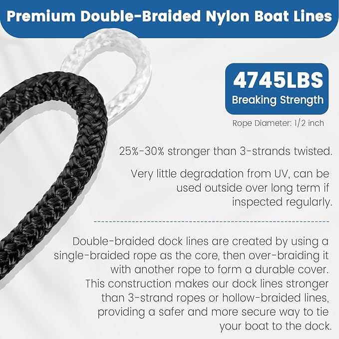 Premium Marine-Grade Dock Lines - 4 Pack 3/8" x 25' Strength-Tested Double Braided Nylon Boat Ropes with 12" Security Loops | Heavy-Duty Docking & Mooring Rope