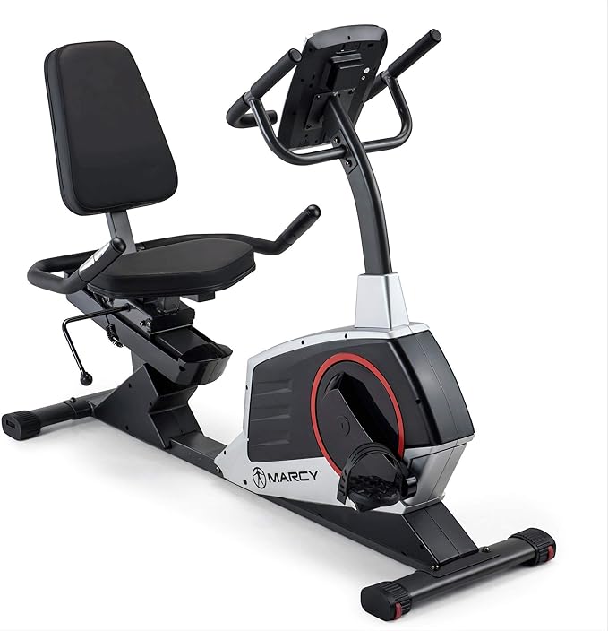 Marcy Regenerating Recumbent Exercise Bike with Adjustable Seat, Pulse Monitor and Transport Wheels ME-706
