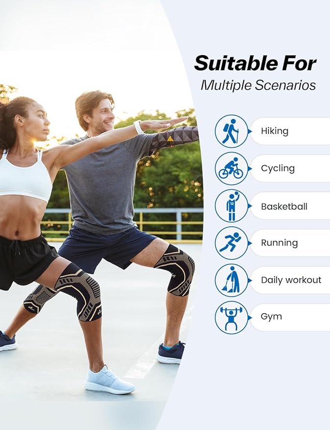 Copper Knee Brace for Men & Women - Knee Compression Sleeve with Side Stabilizers - Knee Support for Running, Hiking, Working, Basketball, Volleyball, Gym, Meniscus Tear, ACL, Arthritis Knee Pain Relief, A Pair (Black-Copper(a pair), Small(14.5"-16.5"))