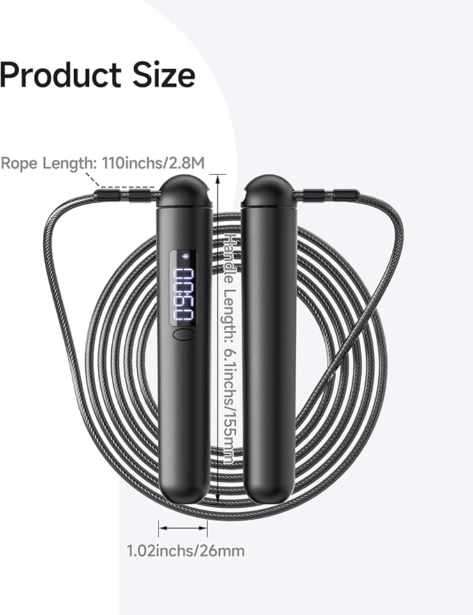 Smart Jump Rope – Customisable Calorie, Count and Time Settings Jump Ropes, Adjustable Steel Wire Skipping Rope with LED Display, for Men Women Fitness and Workout