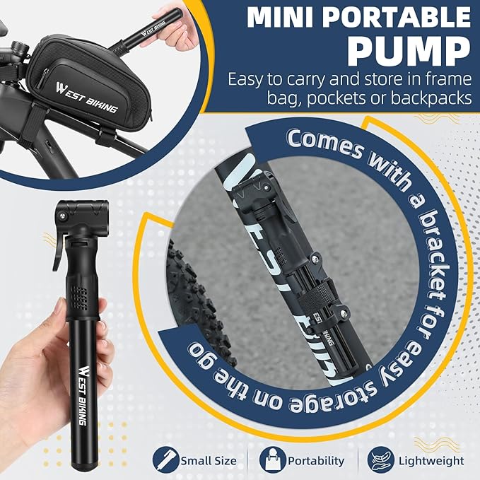 Bicycle Pump Mini Bike Pump - Aluminum Alloy Cycle Pump for Presta & Schrader Valve, Portable Lightweight Bike Tyre Pump Fast Tyre Inflation Mini Air Pump for Mountain Road Bike Ball Pump