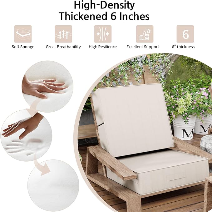 6 Inch Thick Foldable Deep Seat Cushion, 2 PCS 24 x 24 Inch Outdoor Water &Fade Resistant Olefin Patio Furniture Replacement Chair Cushion, with Removable Cover, Handle and Straps, Light Beige