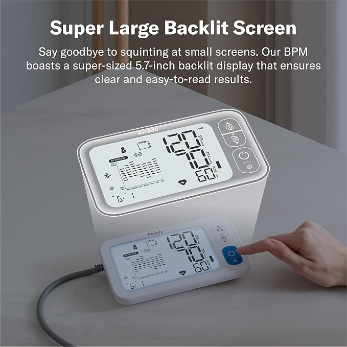 Alcedo Bluetooth Blood Pressure Monitor for Home Use, Accurate Upper Arm Smart BP Machine with Wide Range Cuff, App-Enabled for iOS & Android, Super Large Backlit Screen, 2 x 250 Memory