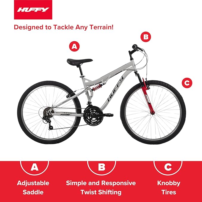 Huffy Stone Mountain Hardtail Mountain Bike for Boys/Girls/Men/Women, 20"/24"/26" Sizes, 6 or 21 Speed Shimano Twist Shifting, Front or Dual Suspension, Comfort Saddle, Sleek Colors