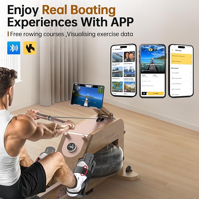 Water Rowing Machines for Home, Rower Machine with 12 Propellers & 28L Large Water Tank, 6-Level Resistance, with Multifunctional Display and Adjustable Stand, Max Load 330LBS