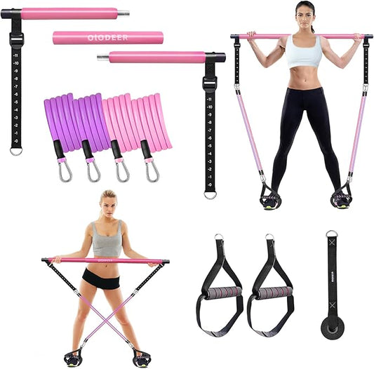 Pilates Bar Kit with Resistance Bands for Working Out, Pilates Equipment with Ab Roller for All Fitness Levels, Portable Home Gym Full Body Workout Equipment for Women&Men