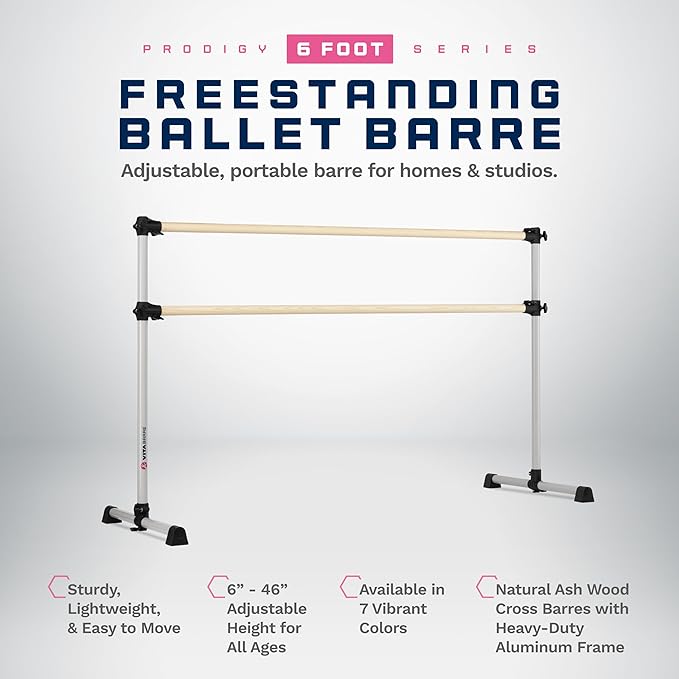 VITA Barre Portable Freestanding Double Ballet Barre, Prodigy, Wood | Adjustable Height, USA Made, Home or Gym Exercise Equipment for Kids & Adults | Dance, Fitness, Pilates
