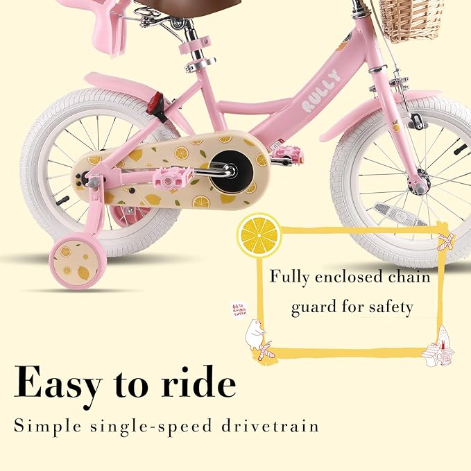 RULLY Fruit Kids Bike 12 14 16 Inch Bicycle for Girls Ages 2-7 Years, Training Wheels Included, Girl Bikes with Basket & Doll Seat