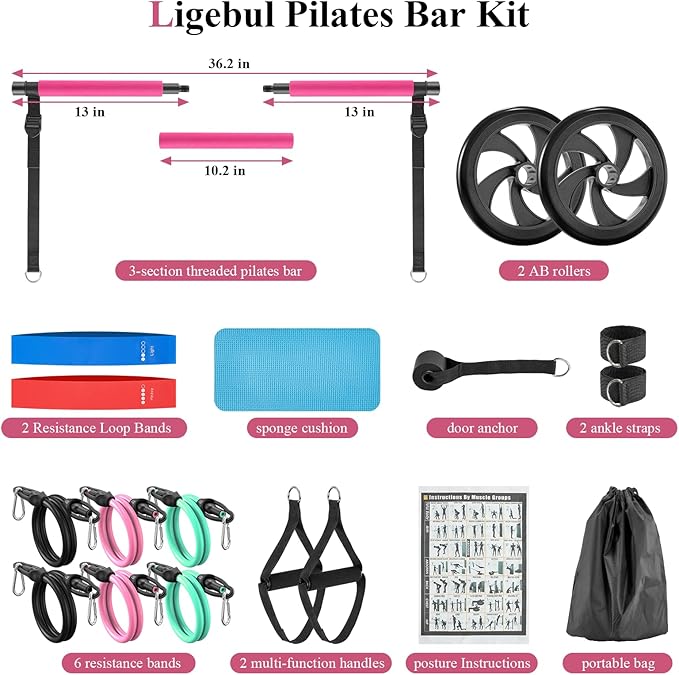 Pilates Bar Kit with Resistance Bands,Pilates Kit with Ab Roller Multifunctional Pilates Bar Pilates Stretch Fusion Bar Pilates Equipment for Home Workouts Women and Men
