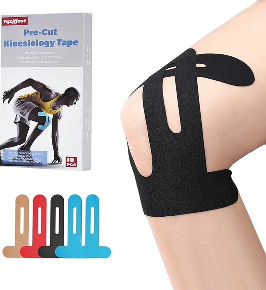 Waterproof Kinesiology Tape for Shoulders/Knees, 10 Precut Strips for Knee Pain Relief & Stability Support (Black), Elastic Strong Adhesive Athletic Tape, Latex-Free Hypoallergenic Sports Tape